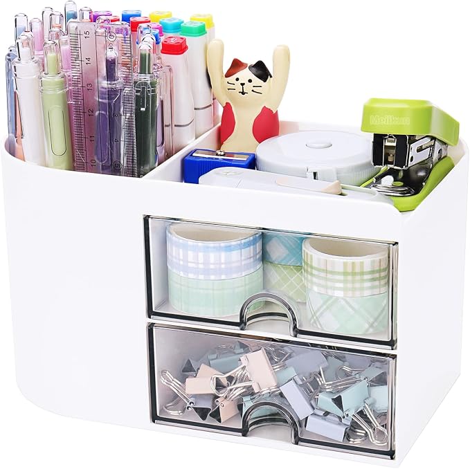 Meiikun Desk Organizer with Drawer, Pen Organizer for Desk, Small Pencil Holder, Desk Organizers and Accessories for Office Home Storage (2 Drawers+4 Compartments, White)