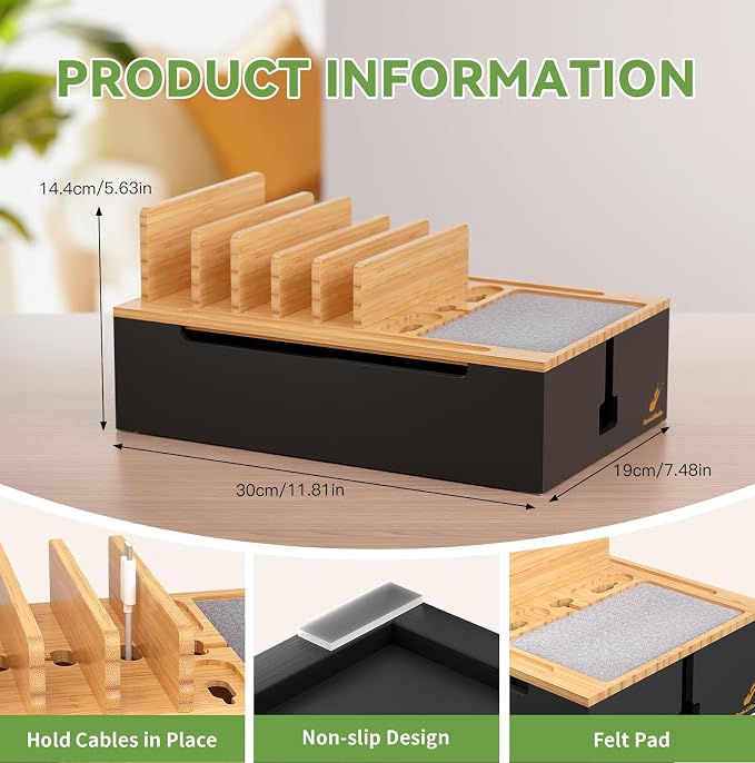 Pezin & Hulin Bamboo Charging Station for Multiple Devices-Natural+Black | USB Charger Dock Organizer, with Power Supply (10 Ports HUB), 6 Cables, Cable Management Organizer for Cell Phones, Tablet