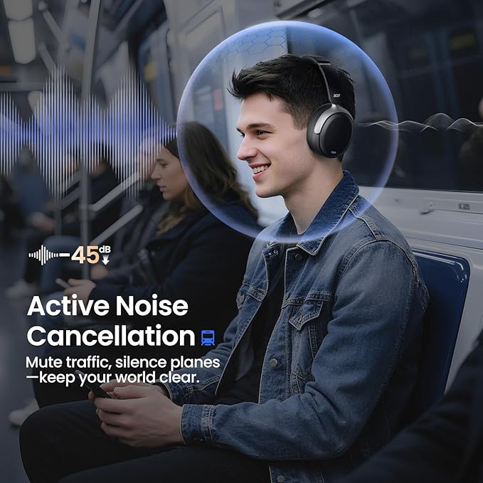 acer OHR516 Active Noise Cancelling Headphones, Over Ear Wireless Bluetooth, 60H Playtime, 40mm Drivers, Low-Latency Mode, ENC Clear Calls, Foldable Comfortable Design (Black)
