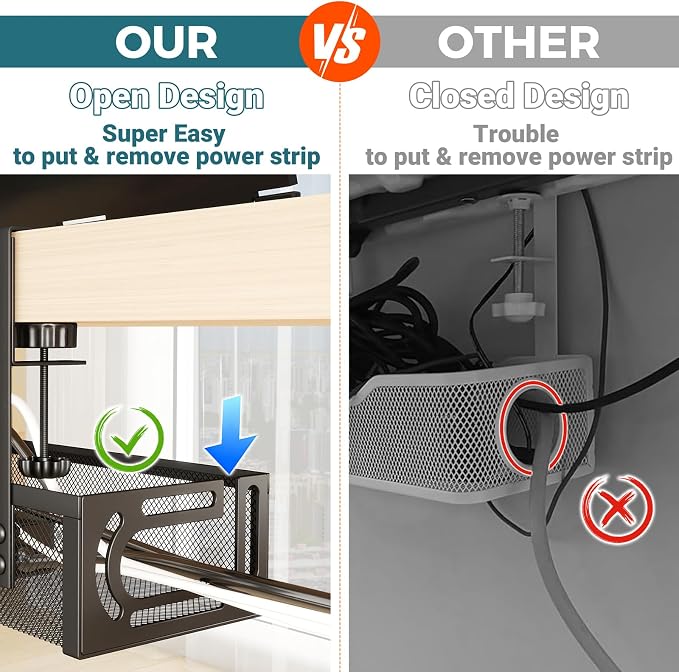 Cable Management Under Desk, 25.3'' No Drill Desk Cable Management Tray with Clamp, Metal Cord Organizer for Standing Desk, Computer Wire Management for Home Office & Gaming Setup, Black