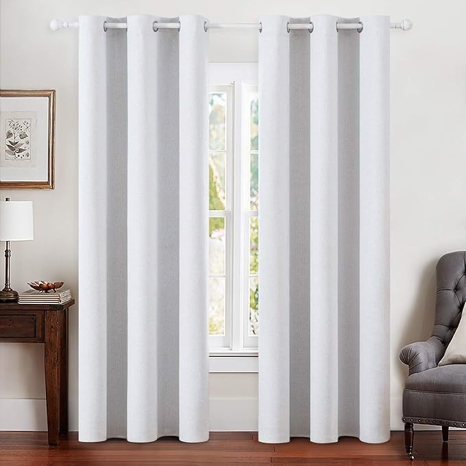 MIULEE Linen Blackout Curtains for Bedroom Solid 100% Blackout Thermal Insulated Grayish White Curtains Grommet Room Darkening Curtains/Drapes for Living Room 42x90 Inch (2 Panels)