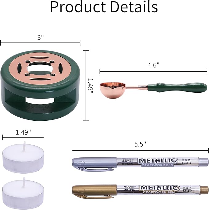 SWANGSA Wax Seal Warmer Kit, Sealing Wax Furnace with 2 Pens, Spoon and 2pcs Candles for Wedding Invitation Envelope Letter (Dark Green)
