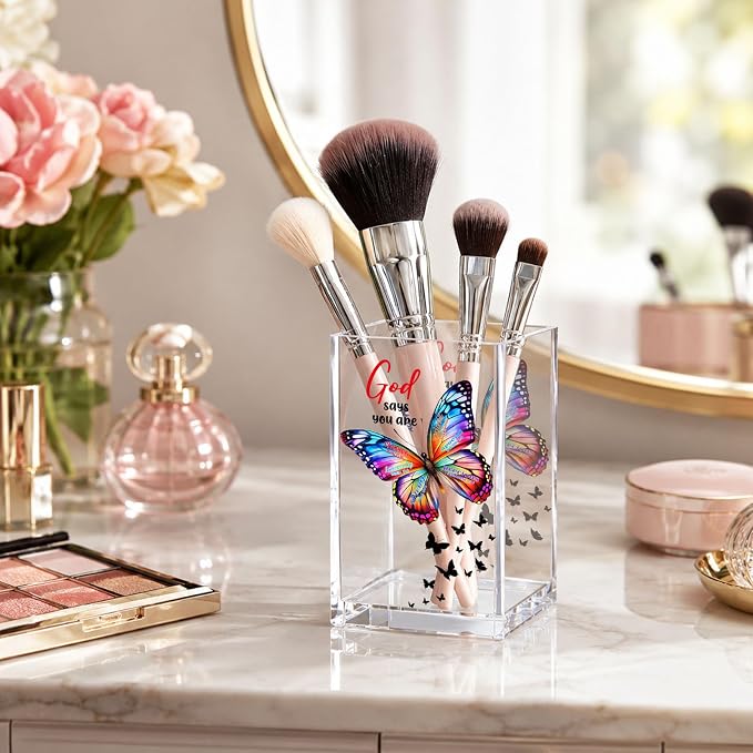 Butterfly Acrylic Pen Holder Cup, Christian Inspirational Desk Decor, Religious Pencil Holder Organizer, Birthday Gift for Women, Mom, Sister, Friend, Coworker