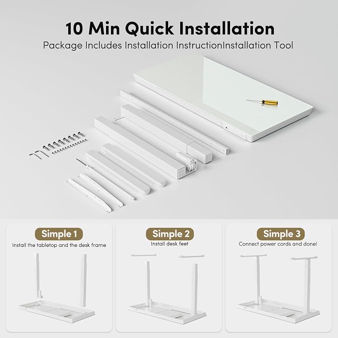 BANTI Electric Standing Desk with Drawers, 55 inch Whole-Piece Glass Desktop, Height Adjustable Stand up Sit Stand Home Office Ergonomic Workstation, White Tabletop