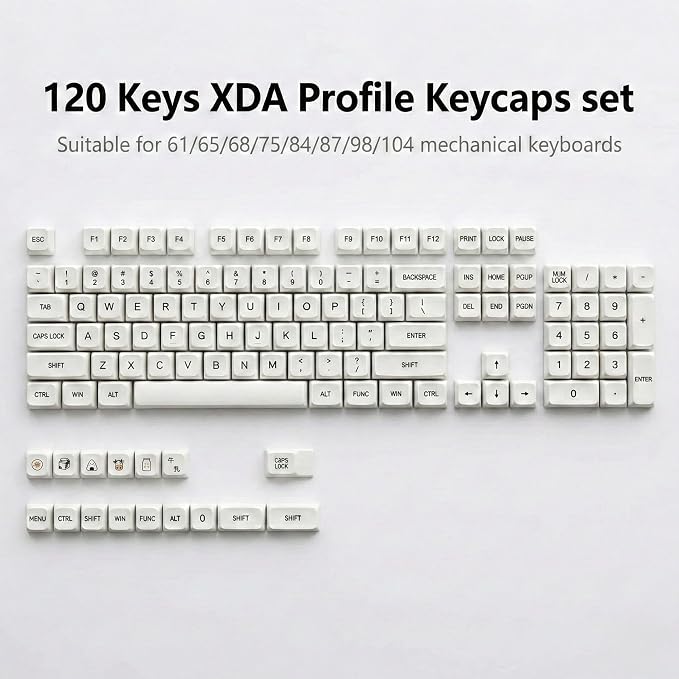 120 Keys PBT Dye Sublimation Keycaps, White Minimalist Milk Style Keycap Set, XDA Profile Custom Keycaps for Mechanical Keyboard 60% 65% 75% 100% Cherry MX Switches
