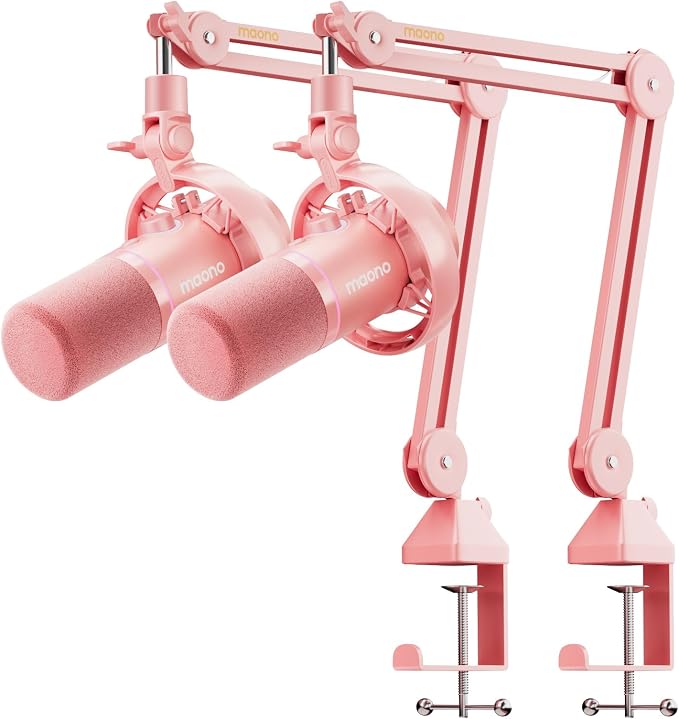 MAONO PD200W Hybrid Wireless Podcast Equipment Bundle for 2, XLR USB Dynamic Microphone Kit with 2 Boom Arm, Software, Noise Cancellation, for Co-hosted Podcast, Vocal Recording, Pink