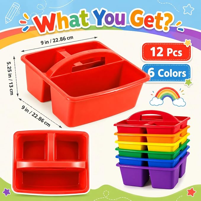 12 Pack Classroom Caddy with Handle Plastic Storage Caddy Organizer with 3 Compartments Desk Caddies Holder Portable Storage Bin for Pencil, Crayon, Marker, Home, Office, School Supply(Rainbow)