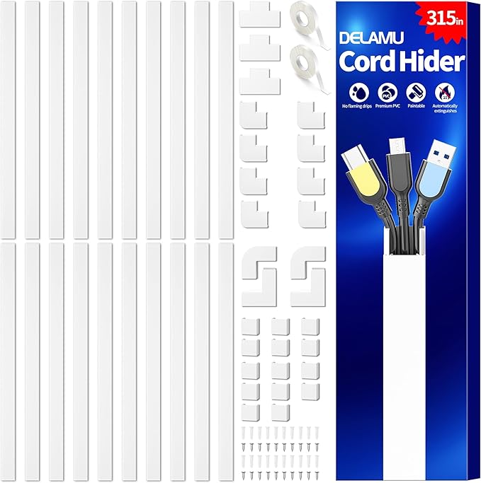 Delamu Cord Hider, 315in Wire Covers for 2-3 Cords on Wall, Premium Cable Hider Cord Covers for Wires on Wall, Cable Management Wire Hiders for TV, Cable Raceway Kit, L15.7 x W0.95 x H0.55 in, White