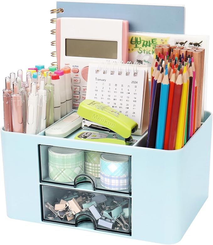 Meiikun Plastic Pen Organizer, Multifunctional Desk Organizer with 2 Drawers, 4 Compartments & a Top Tray, Pencil Holder Desktop Organizers and Accessories for Office, 7.7" x 5.5" x 3.9" (Blue)