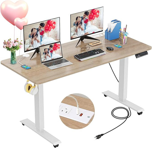 farexon 48 x 24 inch Standing Desk Electric Adjustable Height with Charging Station, Stand up Desk with Wheels, Preset Heights Home Office Gaming Computer Workstations Table（Oak