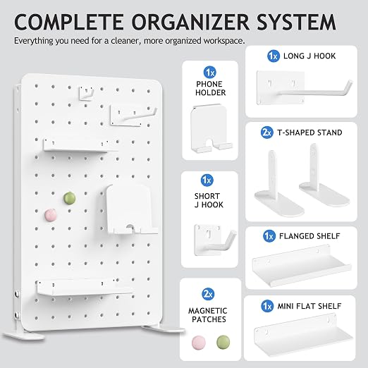 White Metal Desk Pegboard, 1 Pack Standing Organizer with Hooks | Freestanding 8.67 x 14.17 in panel with stands, hooks, shelves, phone holder and magnetic patches for desk storage