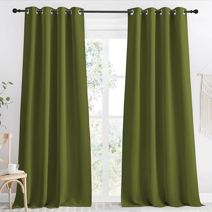 NICETOWN Kitchen Blackout Window Curtain Panel, Olive Green, 1 Panel, 55 by 90 inches Long, Home Fashion Thermal Insulated Solid Grommet Room Darkening Drape for Apartment