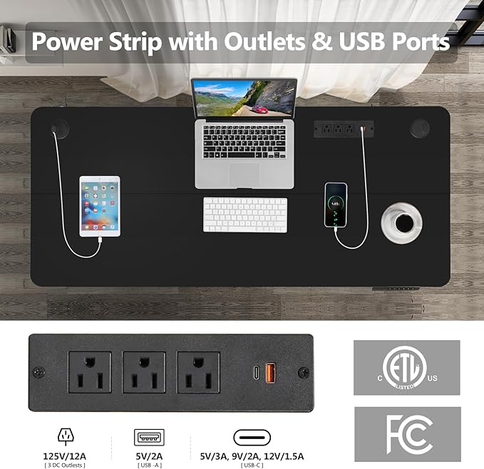 farexon 48 x 24 inch Standing Desk Electric Adjustable Height with Charging Station, Stand up Desk with Ergonomic Workstation, Preset Heights Home Office Gaming Computer Workstations Table(Black)