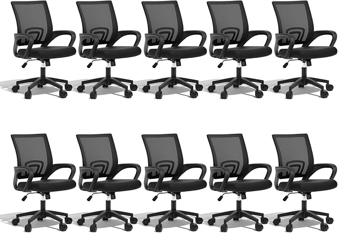 Ergonomic Mesh Office Chair, Heavy Duty 330 Lb Capacity 10 Pack, Black | Mid-Back Desk Chair, Rolling Wheel, Breathable Mesh Backrest & Lumbar Support, Adjustable Height, Sponge Seat for Home Office