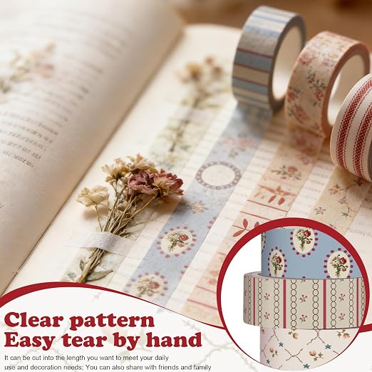 12 Rolls Watercolor Floral Washi Tape Set 15 mm Vintage Flower Decorative Masking Tape for Summer School Arts DIY Craft Scrapbook Journal Supplies Gifts(Retro,Mixed Pattern)