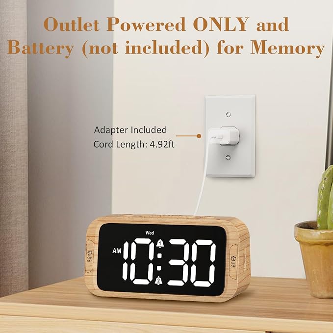 Odokee Digital Dual Alarm Clock for Bedroom with 0-100% Dimmable Display | Easy Alarm Clock with Weekday/Weekend Mode - Loud Alarm for Heavy Sleepers with 5 Sounds Adjustable Volume - Wood Grain