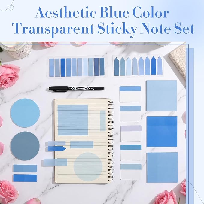 Glenmal Transparent Sticky Note Set 910 Sheets Translucent Clear Self-Adhesive Sticky Notes Bulk Gradient Color Waterproof for Bible Tabs Book Tabs Office Study Supplies Book Annotation (Blue)
