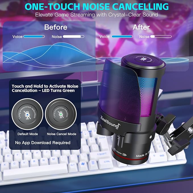 ZealSound Gaming Microphone for PC/Mac/iPhone/Phone – 192kHz/24-bit Podcast Mic with Noise Reduction, Tap-to-Mute, Gain, Monitoring, Boom Arm, Pop Filter, RGB Lighting for Streaming, Gaming, Recording