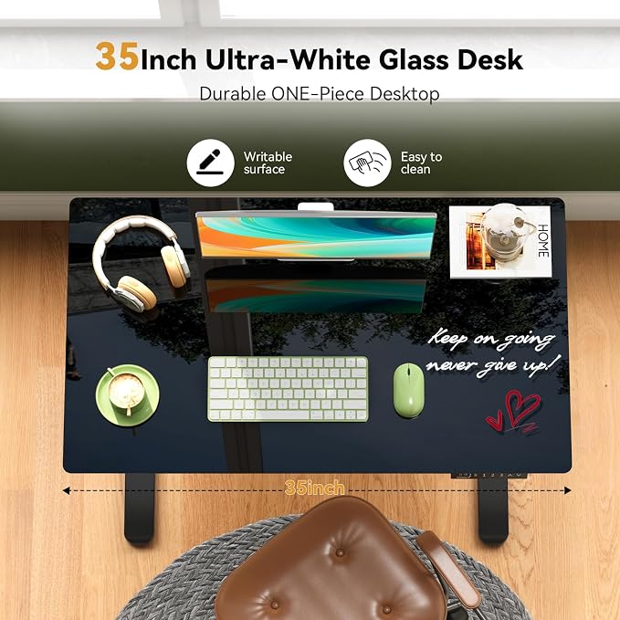 Gibbon Mounts 35” Electric Black Glass Standing Desk with Drawer & Wheels | Small Mobile Whole Piece Height Adjustable Cart with 4 Lockable Casters, Compact Computer Workstation for Home, Office