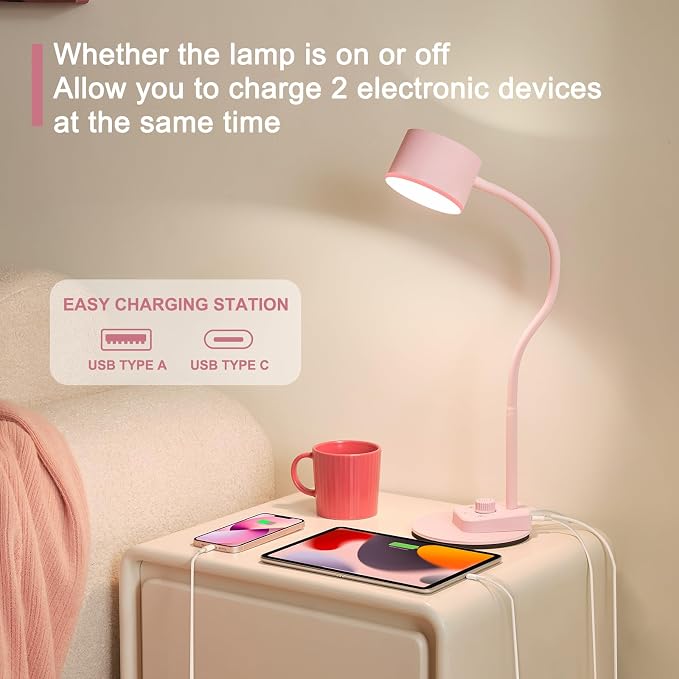LiFMIRA Cute Desk Lamp with USB C + A Charging Port, 5 Colors Dimmable Reading Lamps, Minimalist Pink Lamp for Kids, Eye Care Metal Bedside Table Lamp with Timer Flexible Desk Light for Home Office