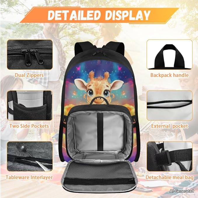 Doojoayie Trendy Girls School Bag 17 inch Deer Backpack 1st Grade Backpack for Girls with Lunch Box Cute Bookbag for Boys Heavy Duty Kids Back Pack Best Presents for Primary Student
