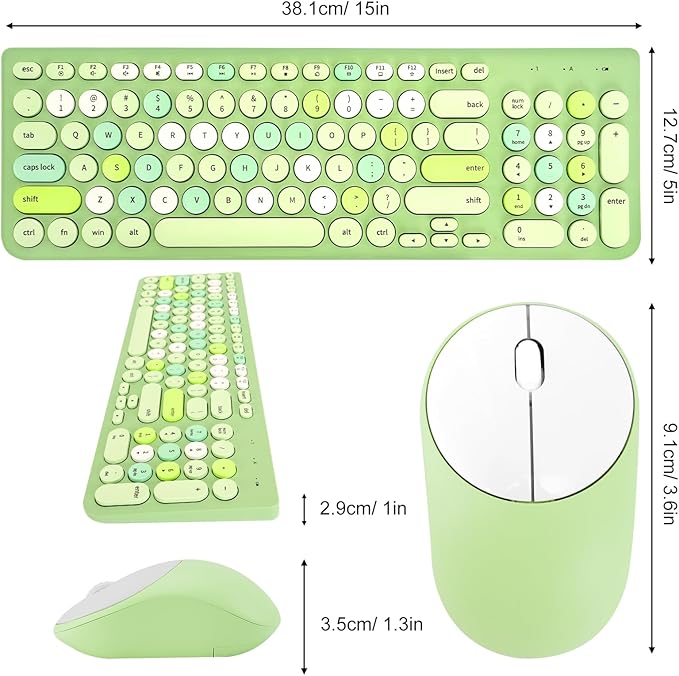 Wireless Keyboard and Mouse Combo, Retro Typewriter Keyboard with Round Keycaps, 2.4GHz USB Cute Wireless Keyboard Mouse for Computer, Desktop, Laptop (Green Colorful)