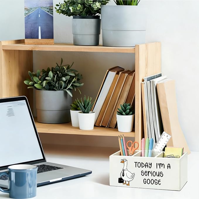 Funny Goose Pen Pencil Holder for Desk, Office Humor Gifts for Coworkers, Today I'm a Serious Goose Wooden Box Sign Organizer for Office Workplace Desk Accessories Tabletop Decorations