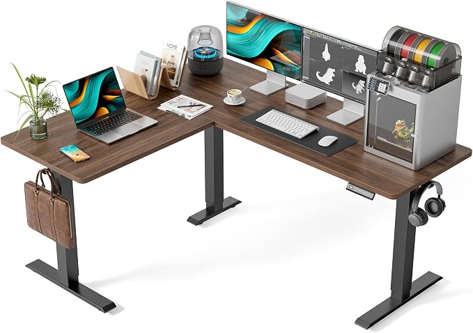 FEZIBO 63" x 55" L-Shaped Standing Desk - Adjustable Corner Desk L Shape, L-Shaped Adjustable Desk with Splice Board, L Shape Standing Desk, Black Walnut
