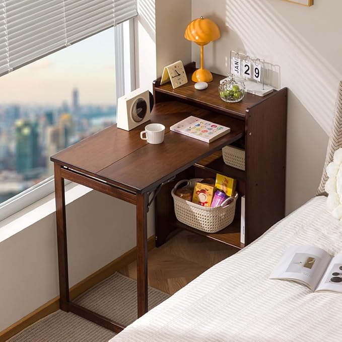 Bamboo Folding Desk with Storage, Space-Saving Foldable Computer Desk for Small Spaces, Vintage Fold Out Hideaway Small Desks Writing Study Table for Bedroom Home Office