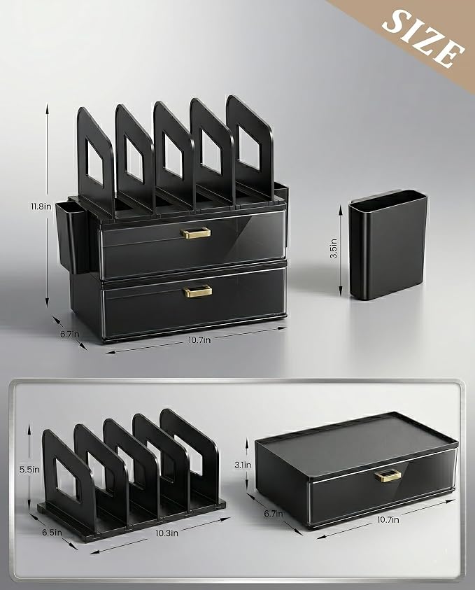LALOBLUE Acrylic Desk Organizer with Drawer and Vertical File Holder, Desk Organizers and Accessories, Multi-Functional Office Supplies Organizer for Home or Work Desk, Black