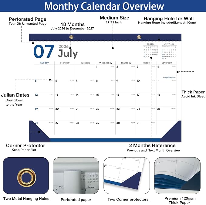 2026-2027 Desk Calendar - 18 Month Desk Calendar 2026-2027, Jul 2026 - Dec 2027, 17" x 12", Large Monthly Desktop Calendar with Daily Blocks, Thick Paper, Corner Protectors - (2 Stickers Included)