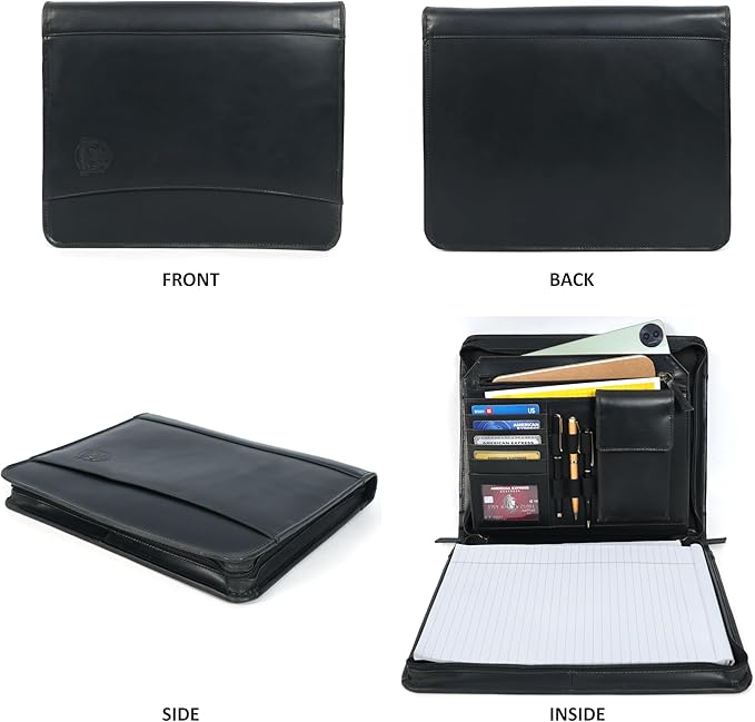 Leather Portfolio for Men, Portfolio Organizer with Zipper for Men Women, Leather Padfolios Business Resume Legal Pad Notebook Binder for A4/Pad (Black)