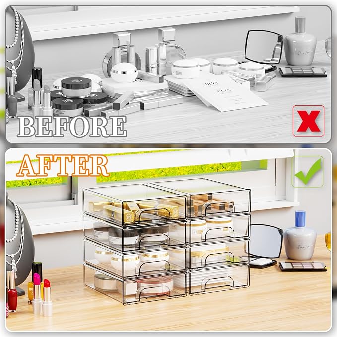 8 Pack Small Clear Stackable Storage Drawers,2.2'' Tall Desk Organization and Storage,Plastic Office Supply Organizer,Acrylic Storage Containers for Makeup,Hair Clip,Accessory,Pen,Art Crafts