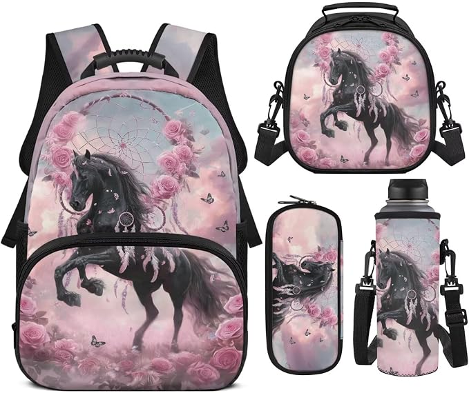 Black Horse Backpack Set - 4Pcs Dreamcatcher Backpacks for Girls Ages 6-10 - Kids Bookbag with Lunch Box & Pencil Case - 17 Inch School Bag for Elementary Back to School