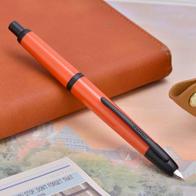 Jinhao 20 Press Fountain Pen, Orange Red Retractable Fine Nib with Ink Converter Set (Black Clip)