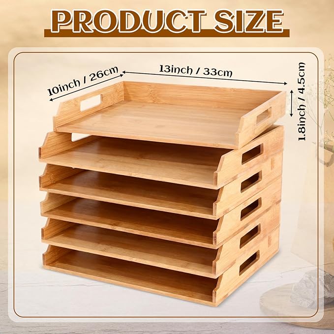 6 Pcs Stackable Paper Tray Bamboo Wood Desk Organizer Letter Tray 6 Tier Wooden File Organizer Desk Shelf for Documents, Letter Sorter, Envelopes and Magazine Holder
