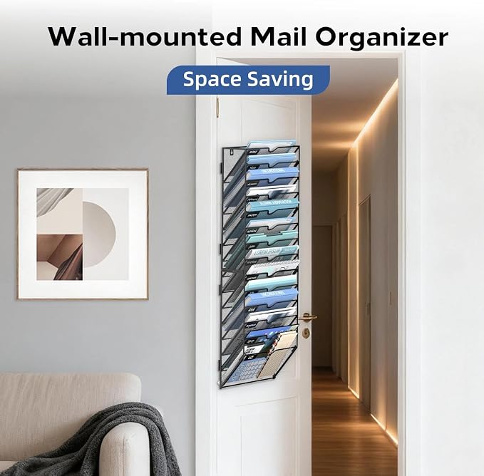 14 Tier Wall Hanging File Organizer, Paper Folder Holder Wall Mounted, Metal Mail Sorter for Office Home School, Black