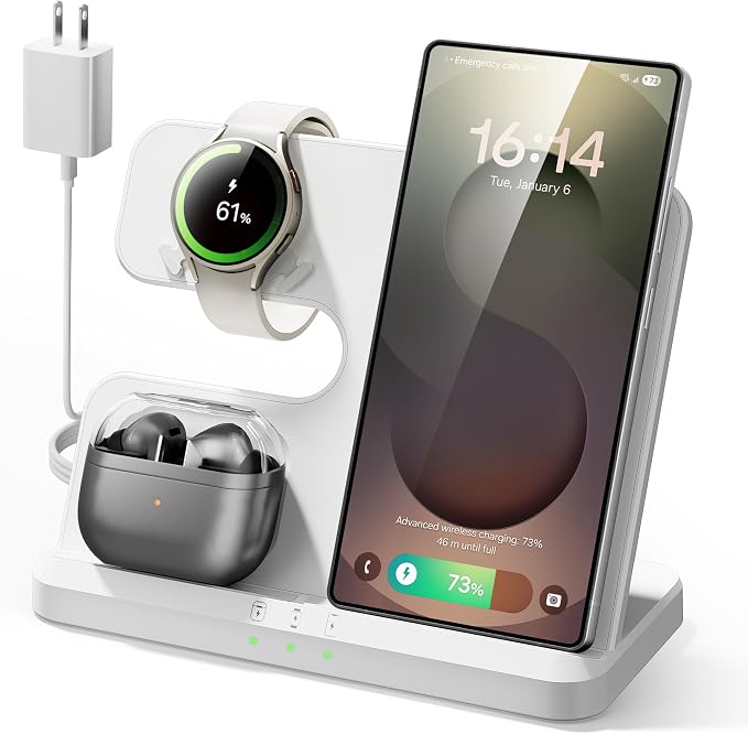 Wireless Charging Station for Samsung, 3 in 1 Charger Stand for Galaxy S25 Ultra/S24/S23/Z Fold, Phone and Watch Charging Dock for Samsung Watch Galaxy 8/7/6/5, Galaxy Buds 3/2/Pro