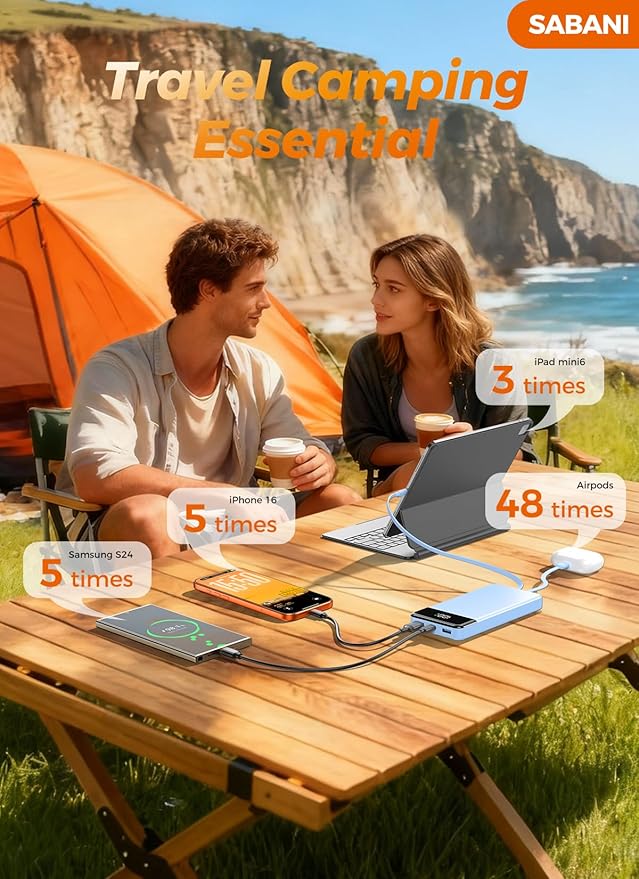 Portable Charger 35000mAh Power Bank - Powerbank with 4 Built in Cables, 22.5W Fast Charging Travel Camping Essential Battery Pack Compatible with iPhone 17 16 15 14 13 Samsung Google, 1 Pack, Azure