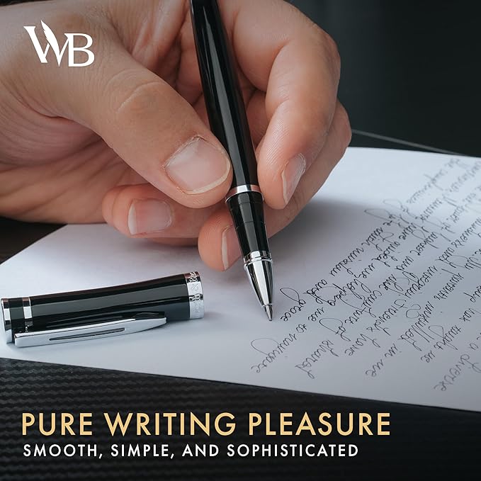Wordsworth and Black Rollerball Pen - Luxury Pen - Chrome Finish, Black Lacquer, Ink Refill, Refillable, Gift for Men & Women, Professional Writing, Nice and Fancy Pens and for Work