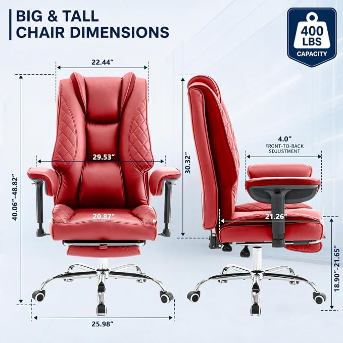 Big and Tall Office Chair，Heavy Duty Wide Executive Office Chair (Red) | Breathable Leather，Double-layered Backrest，Seat Cushion Designed of Deluxe Embroidery Leather，Foot Rest, Adjustable Armrests