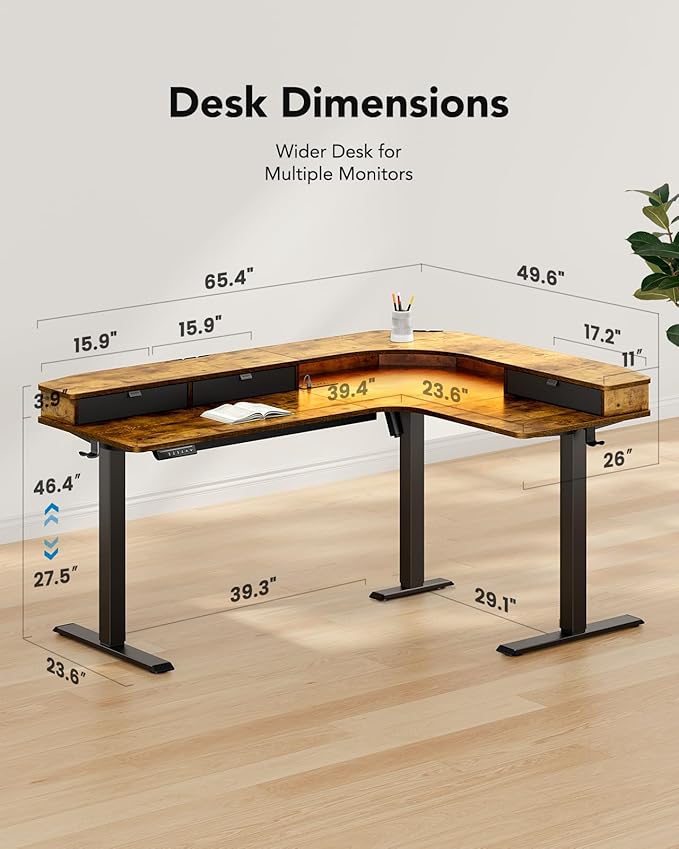 HUANUO 65″ L Shaped Standing Desk with 3 Drawers, Vintage Brown | Built-in Power Outlets, LED Strip, Smooth Electric Height Adjustment, 4 Memory Presets, 220 lbs Capacity, Power Strip Holder