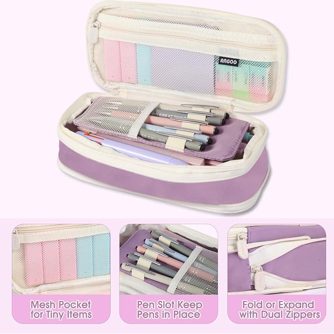 56 PCS, 5 Inspirational Ballpoint Pens, 12 Pastel Highlighters, 5 Black Ink Gel Pens, 6 Mechanical Pencils 0.5-0.7mm (purple)