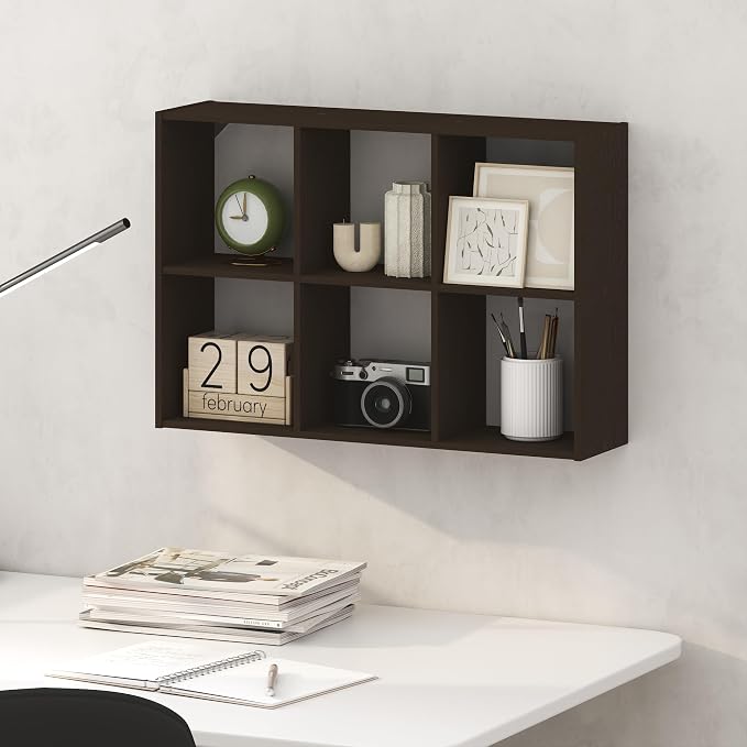 Furinno Rossi 6-Cube Floating Shelves for Wall, Wall Mount Organizer, Desktop Organizer, Bookshelf, for Home Office, Study Room, Black Dark Oak