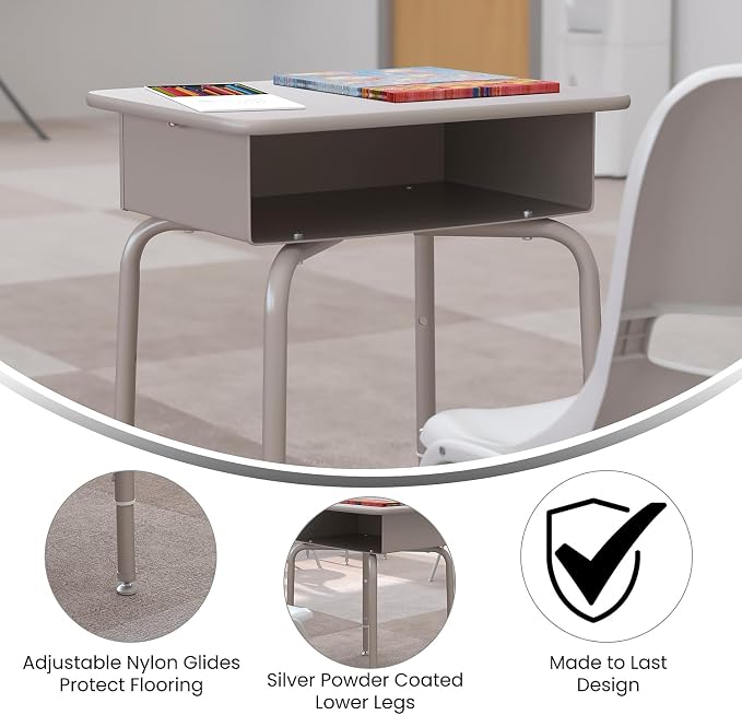 Flash Furniture Billie Student Desk - Gray Granite Open Front School Desk - Silver Metal Frame - 24"W x 18"D Adjustable Height, Durable for School or Remote Learning