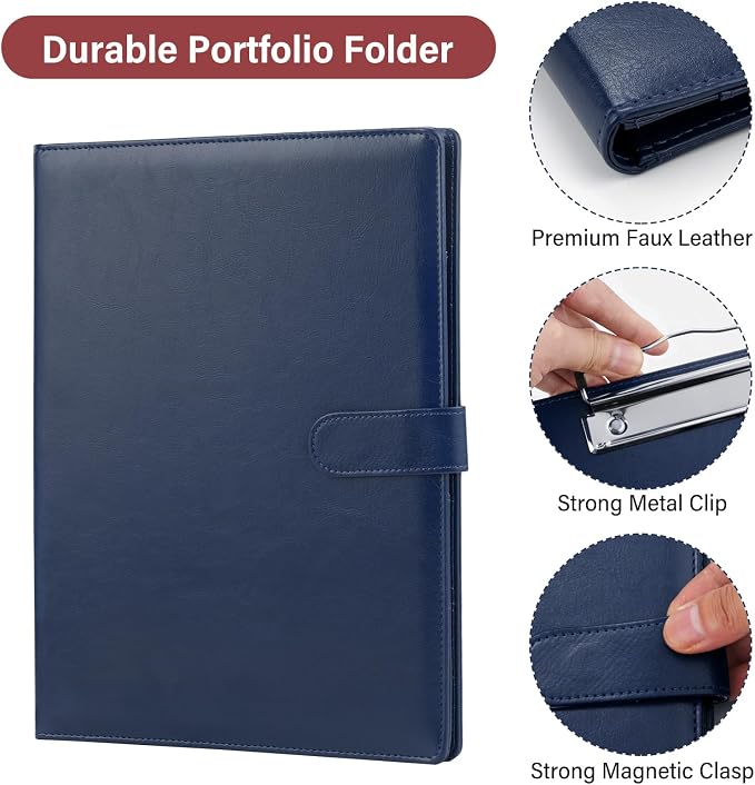 Professional Padfolio,Blue Faux Leather Portfolio Binder | Includes clipboard,business card holder and document storage for office,conference,interviews,resume papers and business use