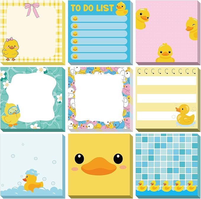 9 Pads Duck Sticky Notes 3x3 Inch Cute Self Stick Notepads Notes Adhesive Memo Pad Office Decor Gifts for Students School Teacher Meeting Office Supplies