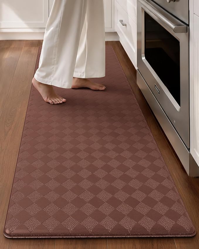 Color&Geometry Checkered Narrow Kitchen Floor Mat Anti Fatigue 17x59, Brown | Waterproof & Oil Proof, Easy Clean PVC Kitchen Rug For Busy Family, 0.4in Thick Cushion For Long Standing, Non Slip