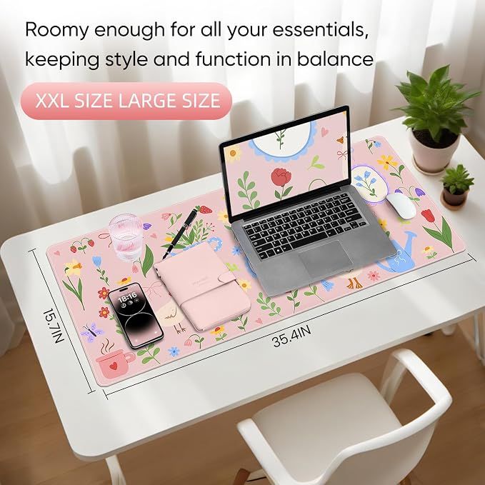 Desk Mat, Leather Desk Pad Blotter Protector, XXL Large Mouse Pad,Computer Laptop Mouse Pads for Desktop,Waterproof Writing Anti-Slip Mousepad for Office and Home I Pink Animals & Flowers
