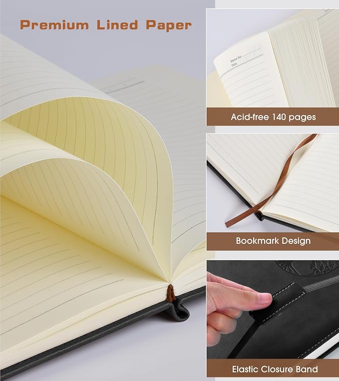 Lined Journal Notebook for Women Men, A5 Hardcover Black Vintage Leather Journals for Writing, College Ruled Notebooks for School Business Work Travel Daily Diary Notepad, 140 Pages, 5.7"×8.3"